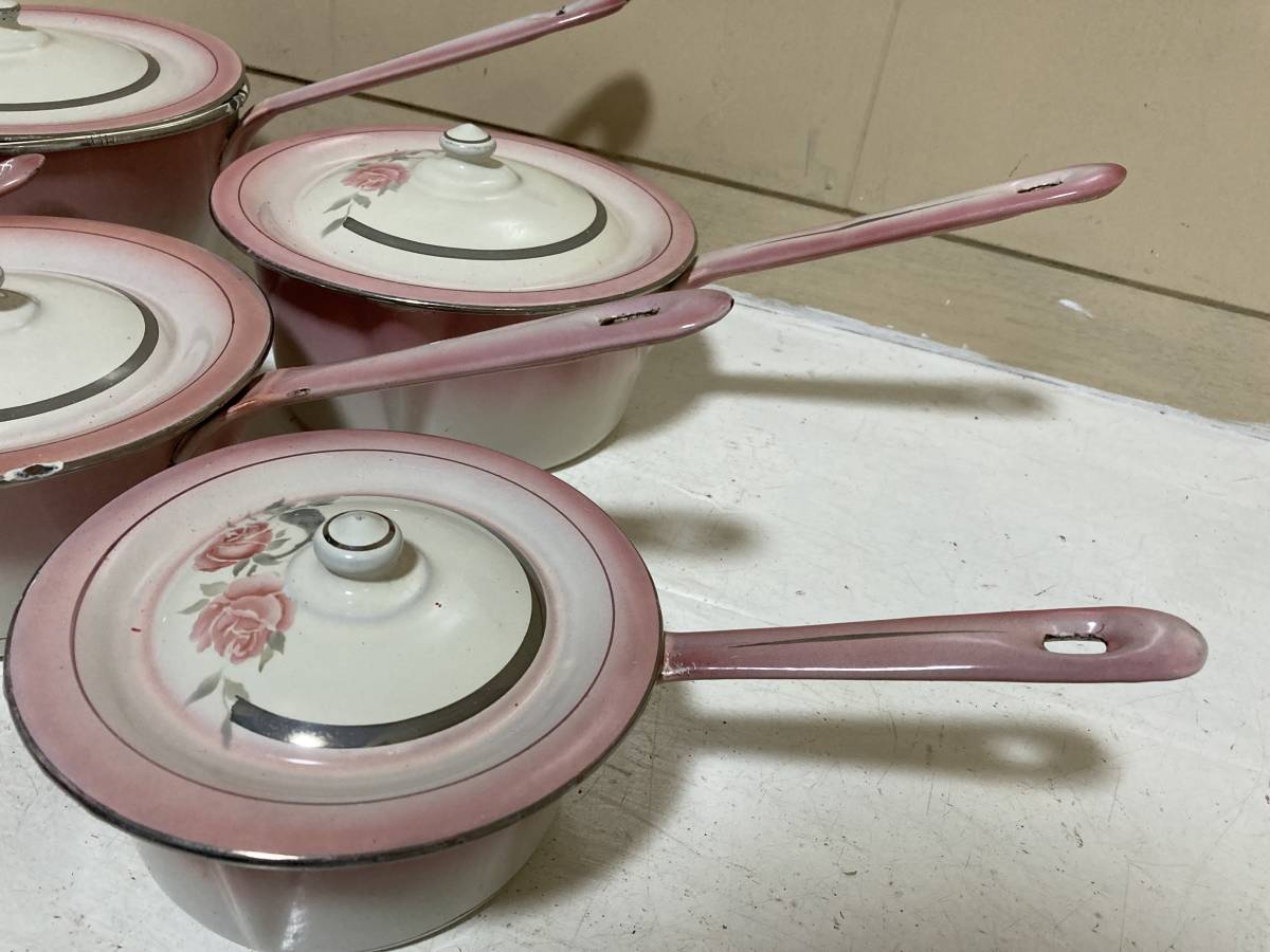 フランスアンティーク ホーロー片手鍋 BB社 ローズガーランド ホーロー