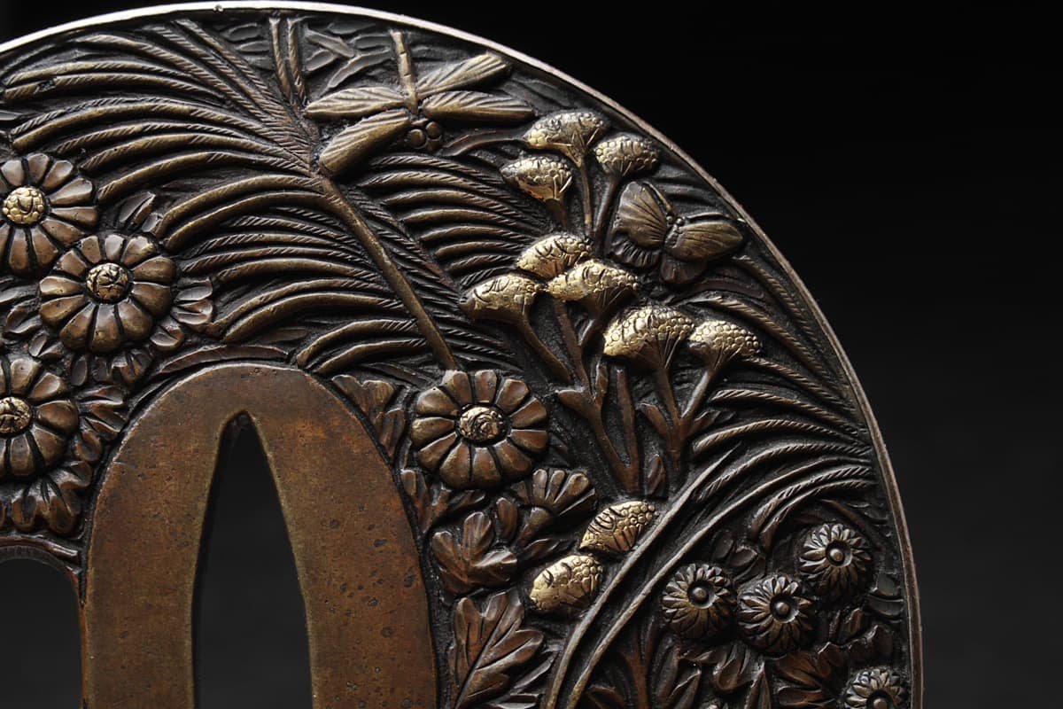 刀装具 殿中差し柄前 古金工目貫 赤銅無地鍔 (江戸時代) 刀装具 殿中