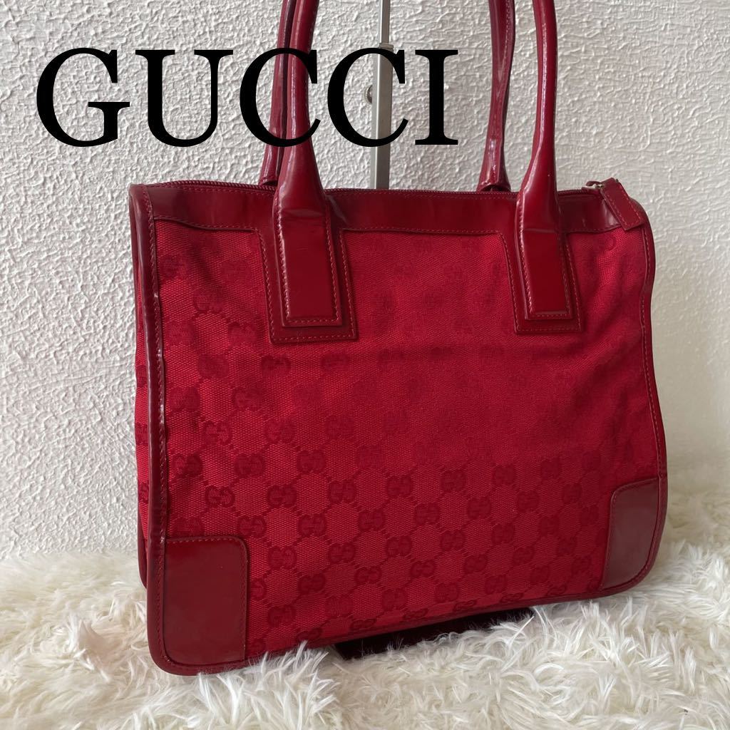 GUCCI グッチ キャンバス エナメルレザー レッド赤 トートバッグ GG柄 