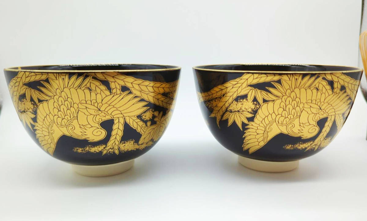 CM395天然木漆塗 菊桐鳳凰金蒔絵 黒塗 煮物椀 五客 昭和期 木製漆器