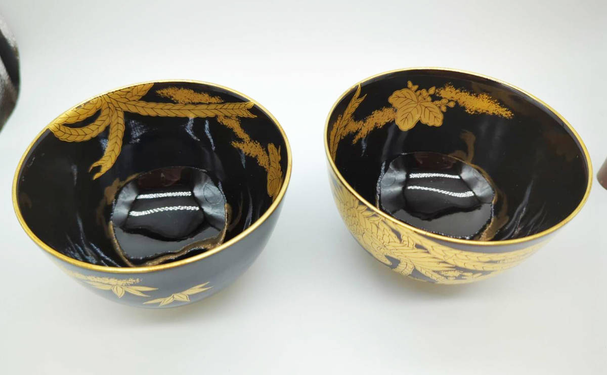 CM395天然木漆塗 菊桐鳳凰金蒔絵 黒塗 煮物椀 五客 昭和期 木製漆器
