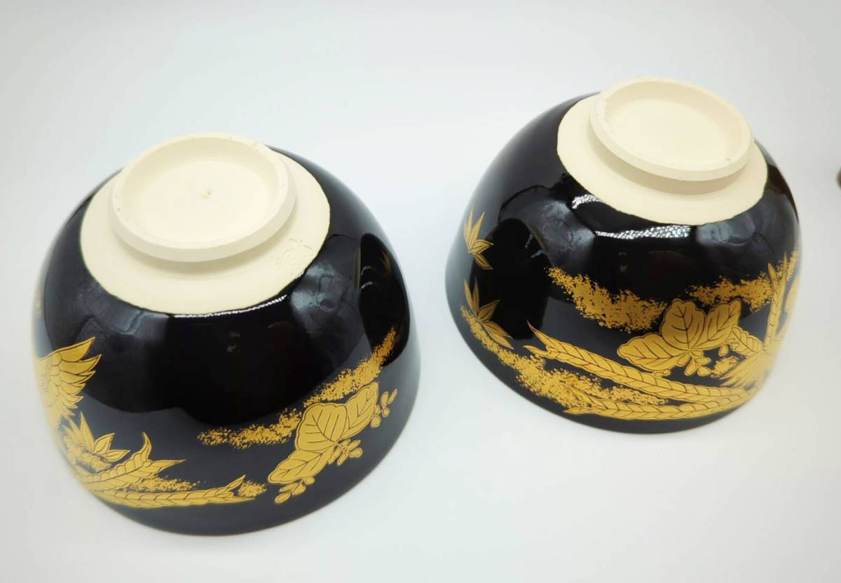 CM395天然木漆塗 菊桐鳳凰金蒔絵 黒塗 煮物椀 五客 昭和期 木製漆器