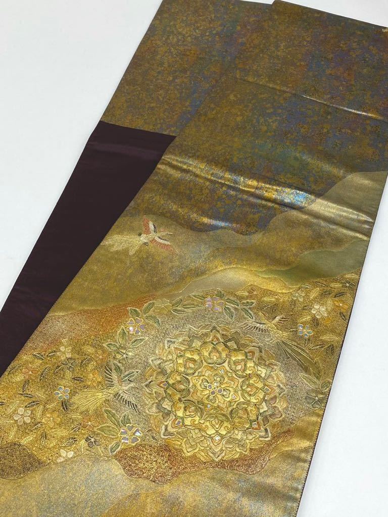 螺鈿細工 刺繍 袋帯 金彩加工 鳳凰 鳥 正絹 お太鼓柄 袋帯 正絹 螺鈿 