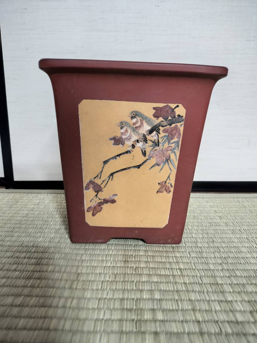 ☆　唐物　朱泥　釘彫　花鳥　石陶　漢詩　鉢　特奎四方大千筒　朱夏？　在銘　高さ19cm　間口17.6cm　検/ 中国　蘭鉢　古玩　宜興　☆