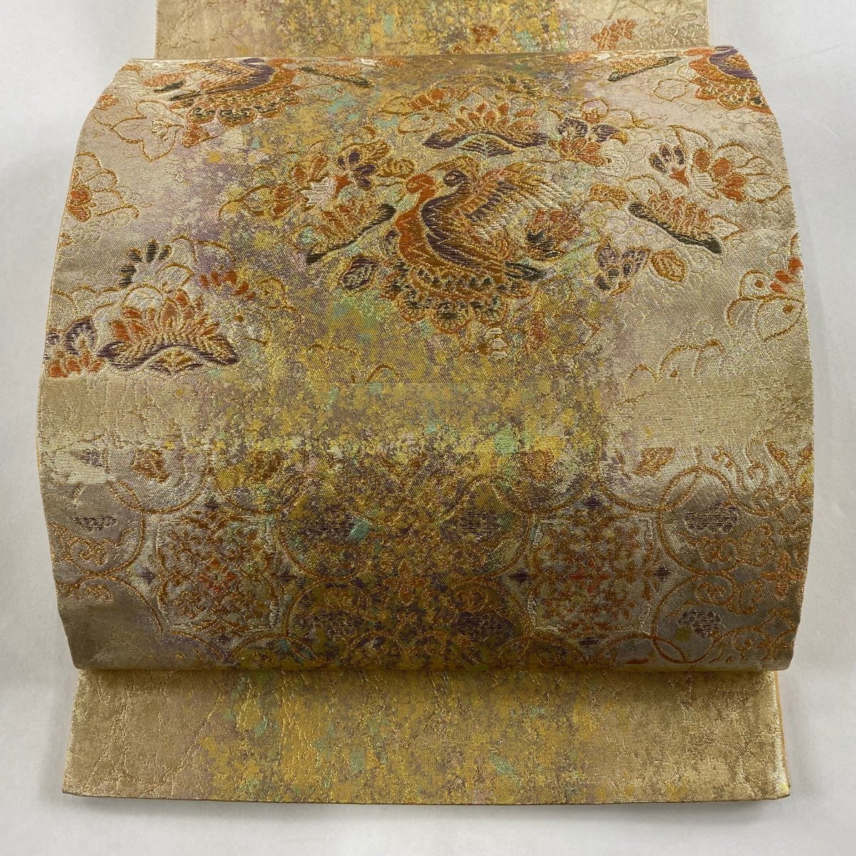 袋帯 美品 秀品 正倉院螺鈿文 花鳥 金糸 箔 金色 六通 正絹 【中古】