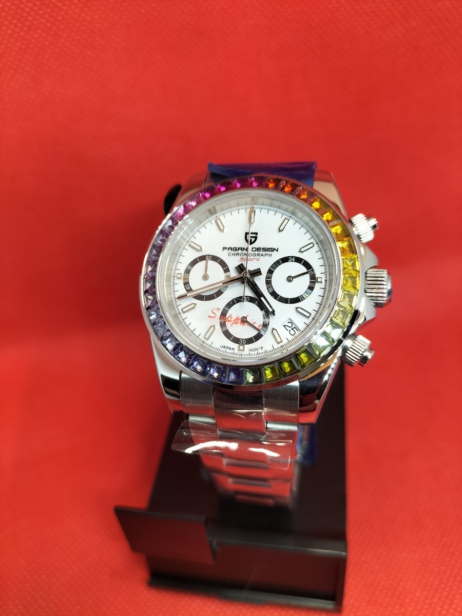【新品】PAGANI DESIGN デイトナオマージュ サファイア PD-1644 100m防水 セイコークォーツVK63 レインボーベゼル ホワイトダイアル