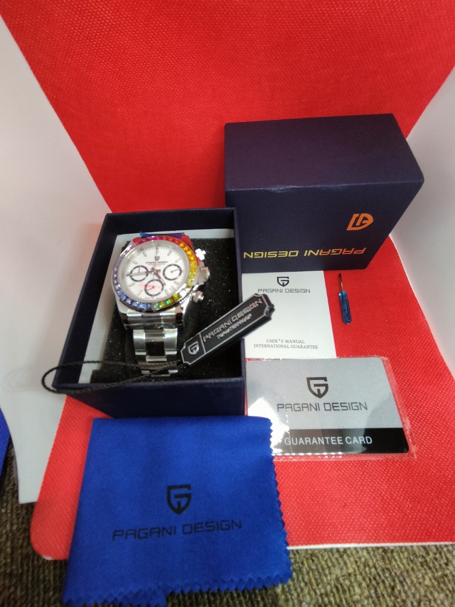 【新品】PAGANI DESIGN デイトナオマージュ サファイア PD-1644 100m防水 セイコークォーツVK63 レインボーベゼル ホワイトダイアル