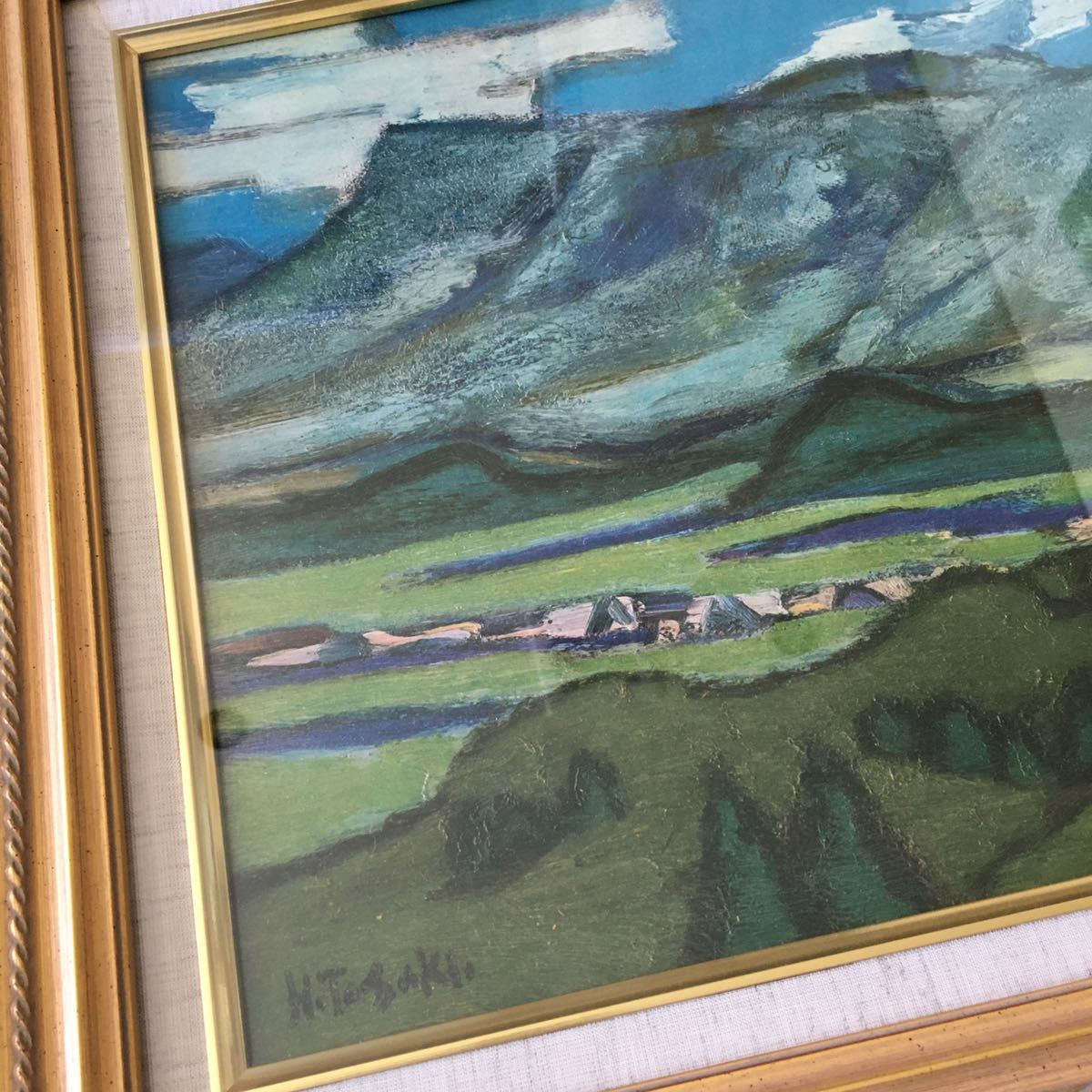 田崎広助 夏の阿蘇山 油彩風工芸画 版上サイン 複製画 模写 大日本絵画