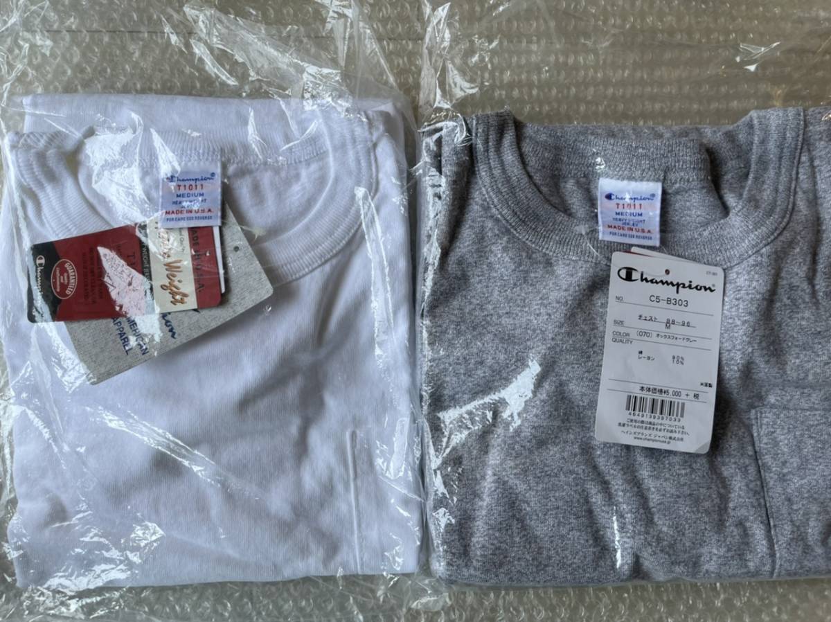 champion t1011 白 霜降グレー M 2点セット チャンピオンティーテンイレブン ポケットTシャツ ホワイト オックスフォードグレーMADE IN USA