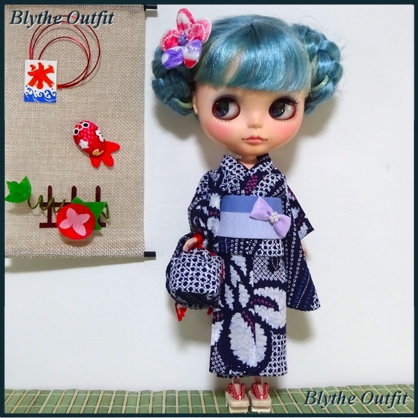 ♪Blythe＊ブライスアウトフィット♪浴衣（紺・菖蒲）セット・下駄付き！