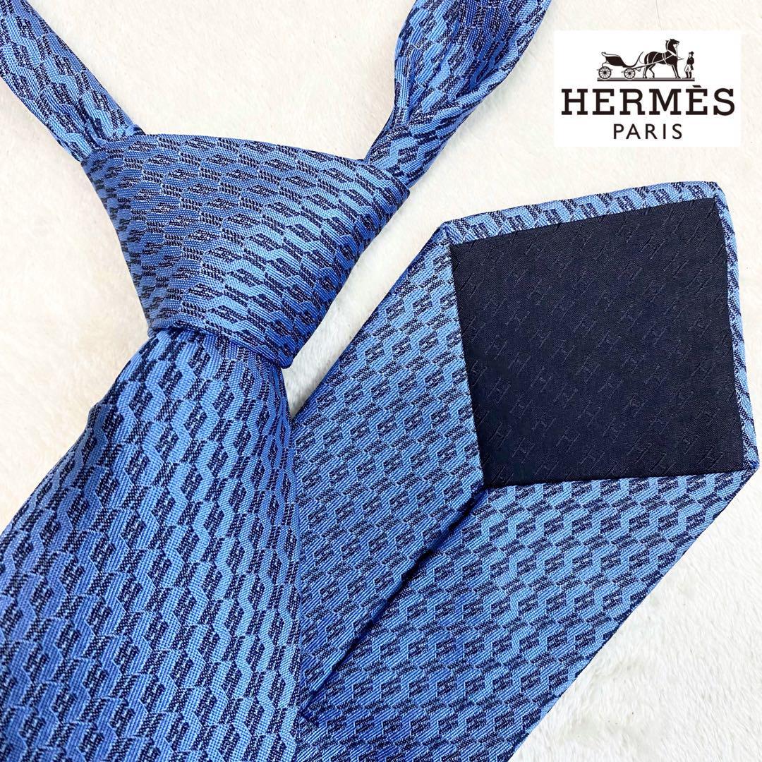 超希少 未使用級】HERMES エルメス ネクタイ シルク100% H柄 H総柄 ブルー