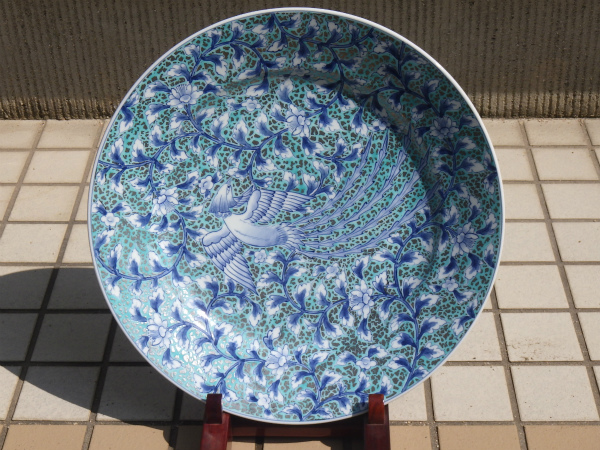 ☆ 陶芸日展作家 藤井朱明 有田焼 極上白金彩鳳凰紋 飾皿