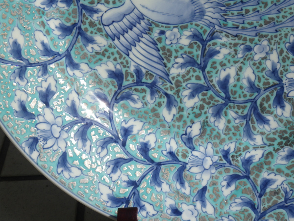 ☆ 陶芸日展作家 藤井朱明 有田焼 極上白金彩鳳凰紋 飾皿