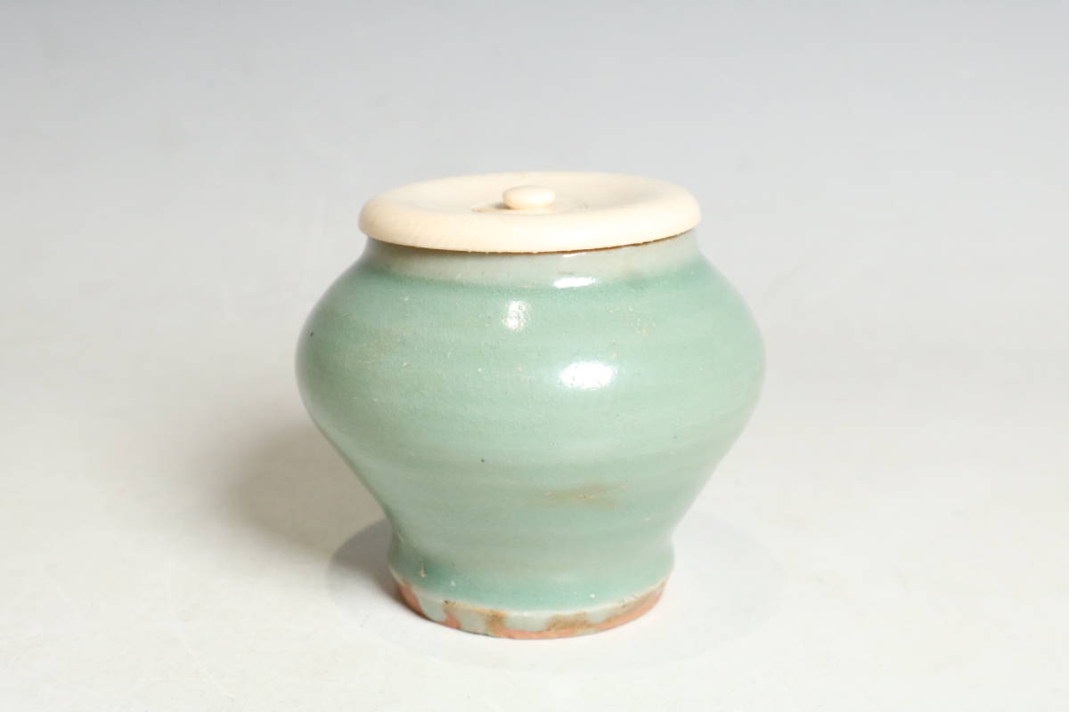 中国美術 龍泉青釉罐 唐物 青磁 茶入 仕覆 木箱附（R528）