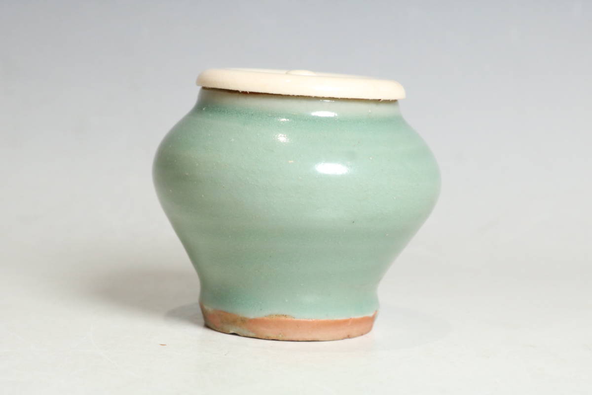 中国美術 龍泉青釉罐 唐物 青磁 茶入 仕覆 木箱附（R528）