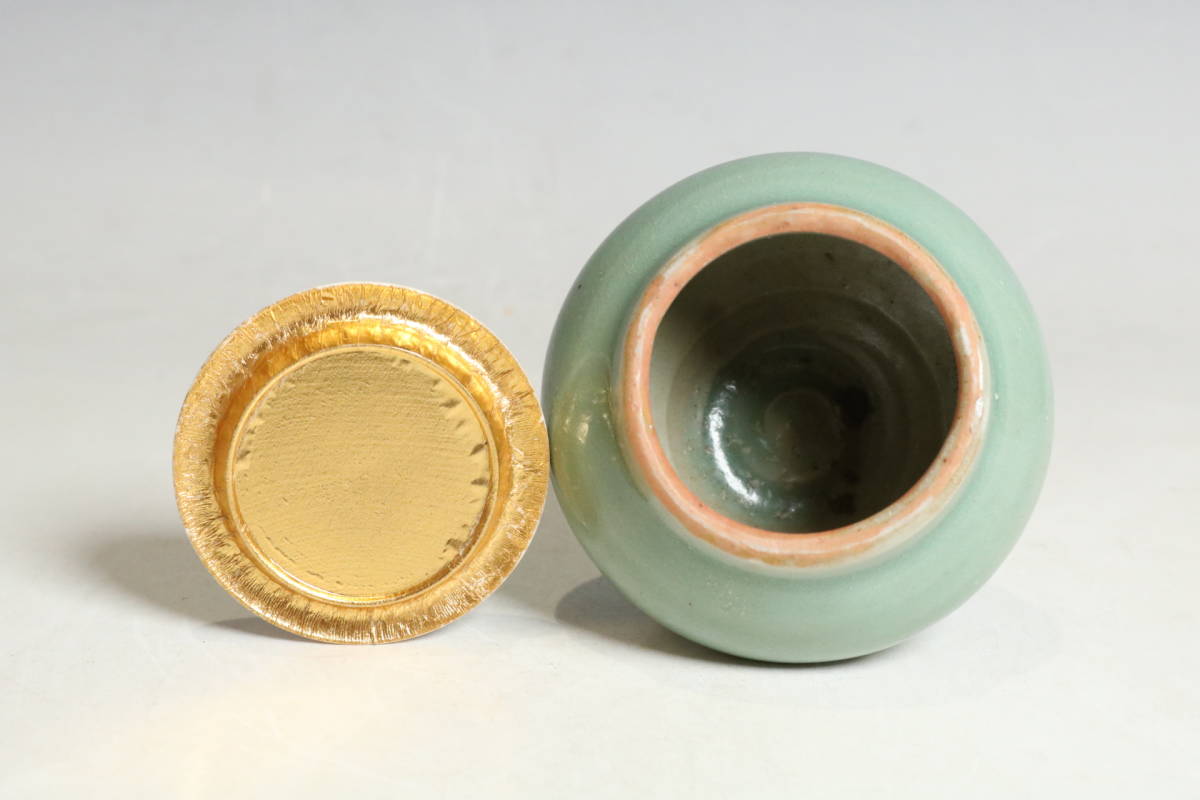 中国美術 龍泉青釉罐 唐物 青磁 茶入 仕覆 木箱附（R528）