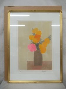 真作リトグラフ ベルナール・カトラン ヴィクトリア調の花瓶とレモンの