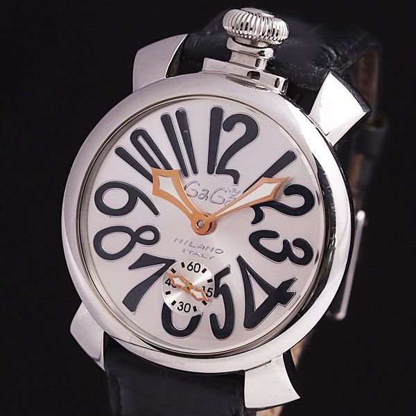 1円 稼働 良品 ガガミラノ 手巻き マニュアーレ46 裏スケ スモセコ シルバー文字盤 メンズ腕時計 0033000YSD