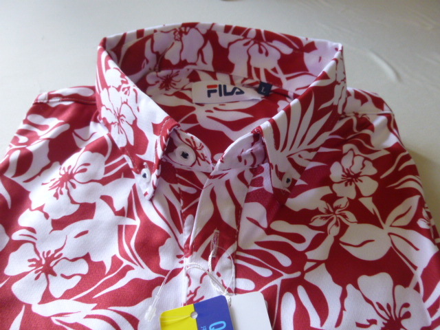 FILA フィラ　吸汗速乾 UV CUT ボタニカル柄 ボタンダウン半袖ポロシャツ　L　赤白