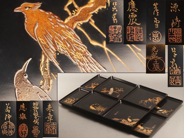 流】木製漆器 図替花鳥蒔絵 吸物膳十客 共箱 KQ387 時代木製