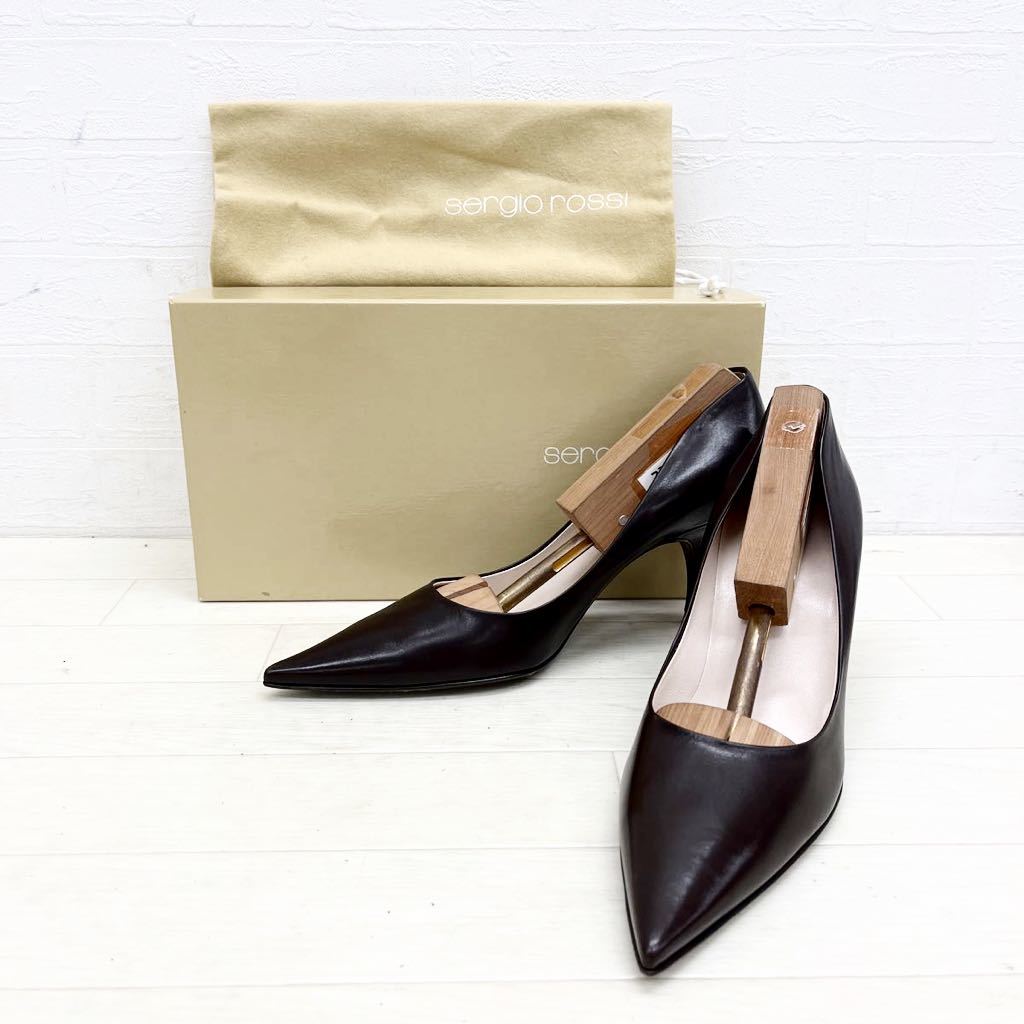 1111◎ イタリア製 Sergio Rossi セルジオ ロッシ 靴 パンプス ヒール ポインテッドトゥ ダークブラウン レディース38(25-25.5相当)