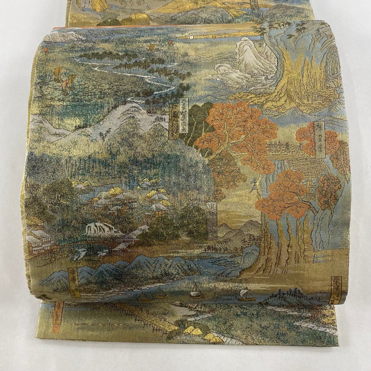 袋帯 美品 名品 名所風景 金糸 箔 金色 全通 正絹 【中古】