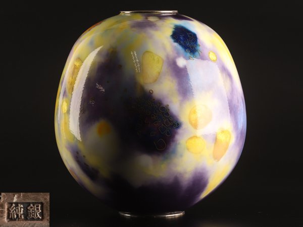 流】古美術品 純銀刻印 銀七宝花瓶 高さ29.5cm KQ258 【公式通販】