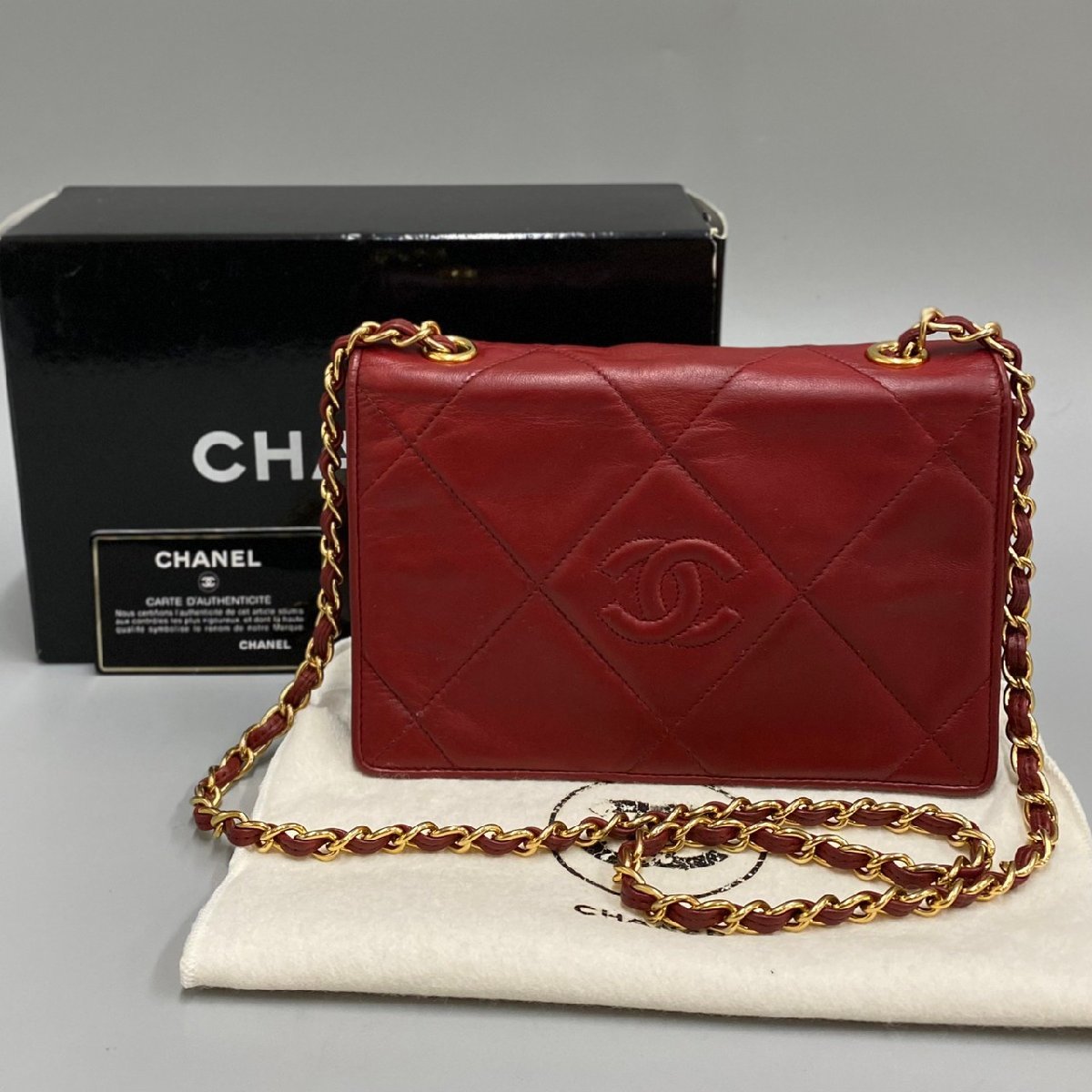 1円 極 美品 箱 袋付き カード シール有 0番台 シャネル マトラッセ フルフラップ ラムスキン レザー チェーン ショルダーバッグ 赤 21367