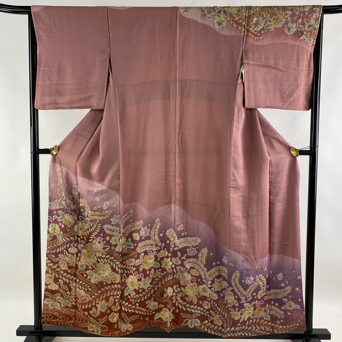 訪問着 身丈154cm 裄丈65cm M 袷 落款 辻ヶ花 金通し 赤紫 正絹 名品 【中古】