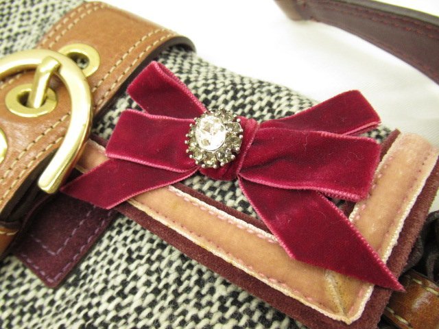コーチ 美品 ツイード×レザー リボンにビジュー飾り ショルダーバッグ 