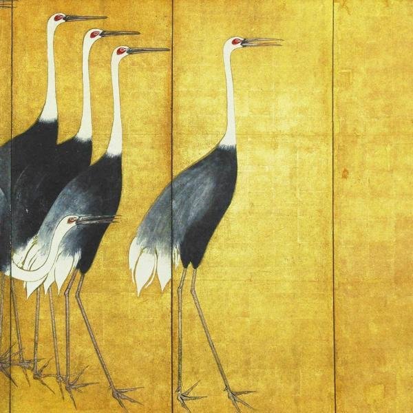 【真作】【WISH】尾形光琳「群鶴図（左隻）」シルクスクリーン 約12号 大作 振金 証明シール ◆出品中の群鶴図（右隻）と対 　 #23072894