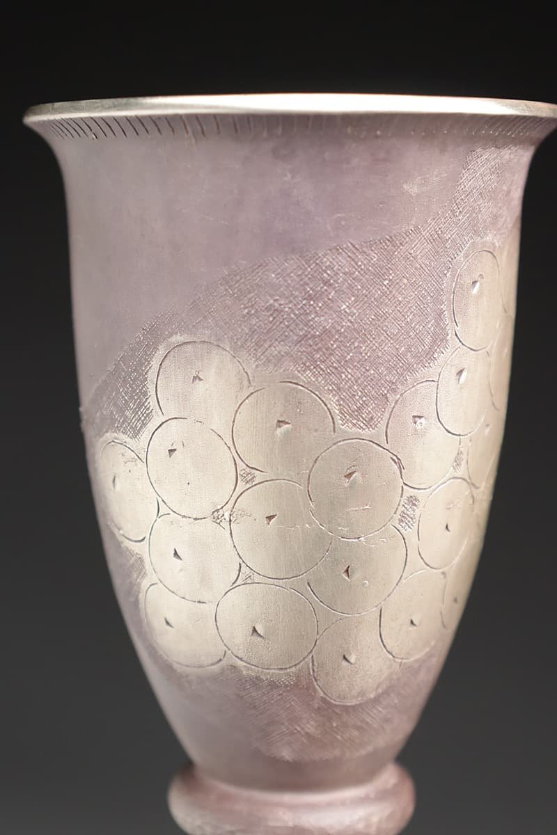 CU949 彫金家【帖佐美行作】銀製 葡萄枝文彫「俊香杯」五客揃 高11cm 