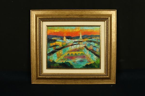 【真作】絵画　大澤喜一　油彩3号　川沿いの風景　パリの街並み　W162 3086□【真作】大澤喜一 「セーヌ河」 油彩 東京の人 斉藤三郎、角浩