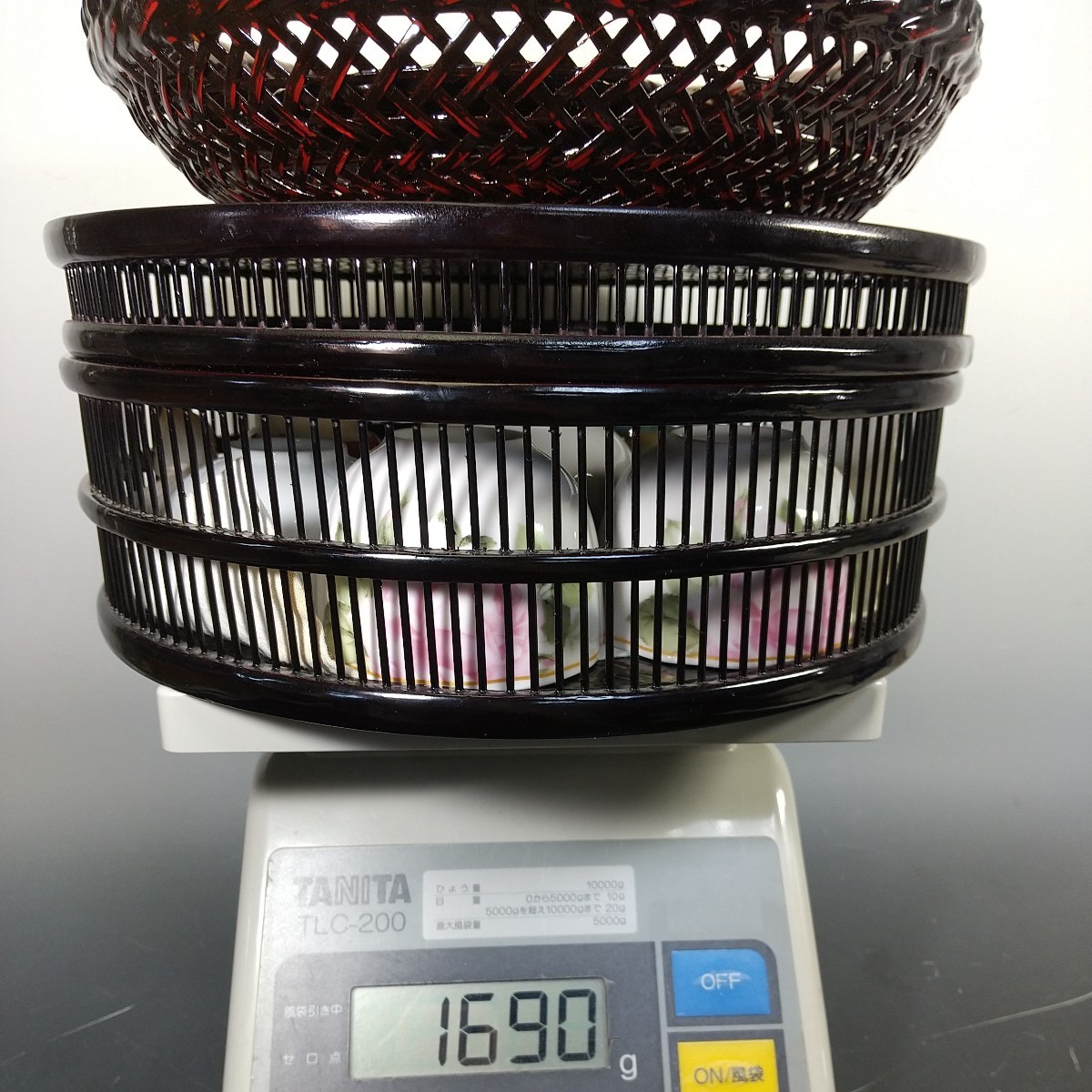 8299 同梱NG 籃胎漆器/茶櫃/直径30×12cm/盆蓋物/菓子器/茶托3客/喰籠