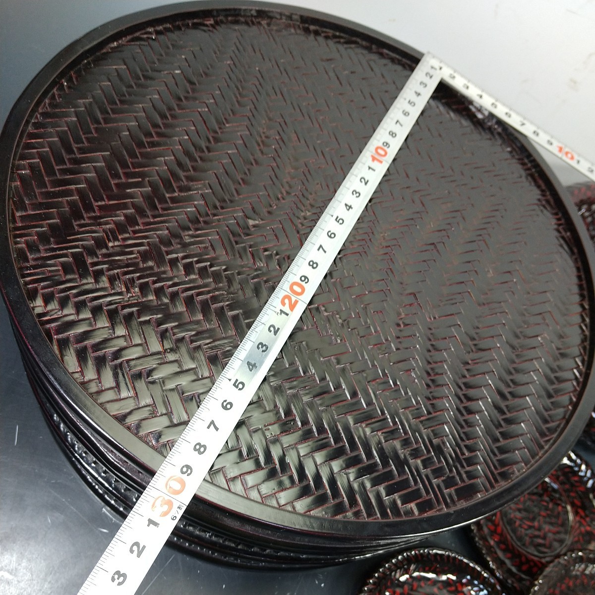8299 同梱NG 籃胎漆器/茶櫃/直径30×12cm/盆蓋物/菓子器/茶托3客/喰籠