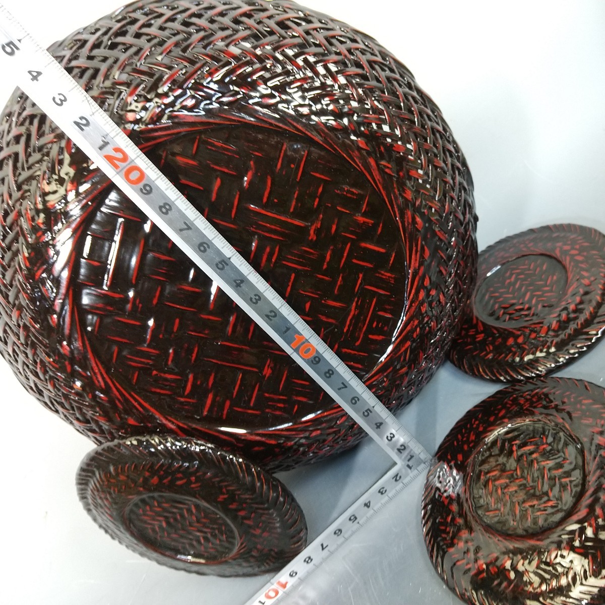 8299 同梱NG 籃胎漆器/茶櫃/直径30×12cm/盆蓋物/菓子器/茶托3客/喰籠