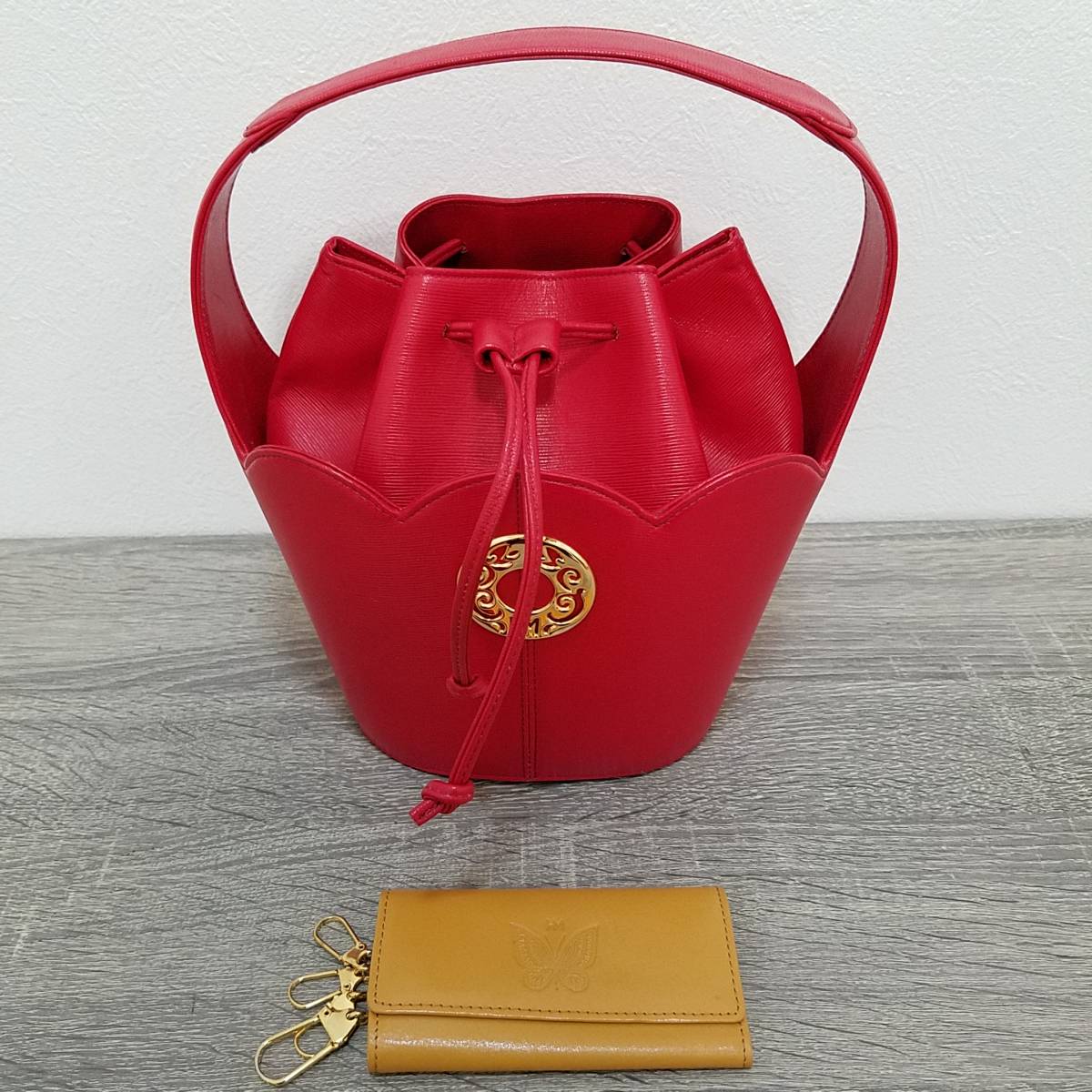 ■HANAE MORI　森英恵　バスケット型ハンドバック　レッド　おまけキーケース■中古品【T6731】