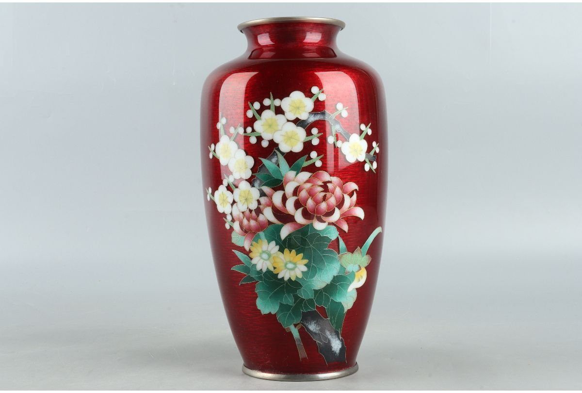 七宝焼 花瓶 安藤七宝 梅菊図 レトロ 骨董