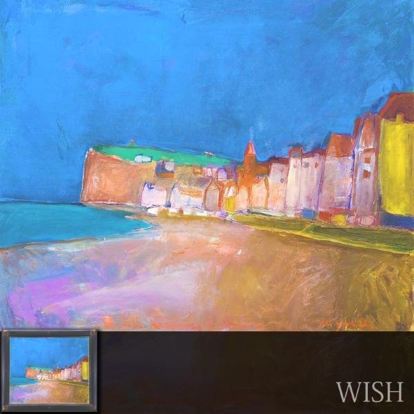 真作】【WISH】吉岡耕二 油彩 20号 大作 ◇抜群の色彩・水辺の町 〇