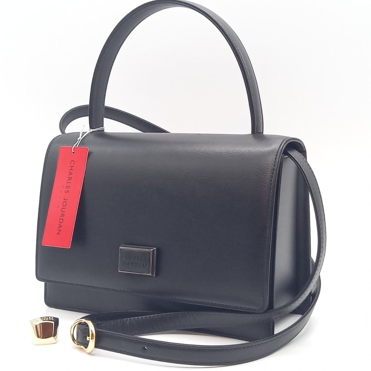 1円 未使用 CHARLES JOURDAN シャルルジョルダン ハンドバッグ 2WAY ショルダー ブラック レザー ゴールド 黒 トップハンドル ミニバッグ
