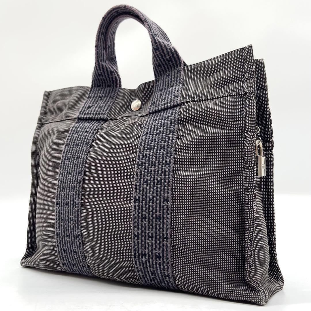 1円【極美品】HERMES エルメス エールラインPM キャンバス シルバー金具 トートバッグ ハンドバッグ 南京錠 カデナ付き グレー レディース