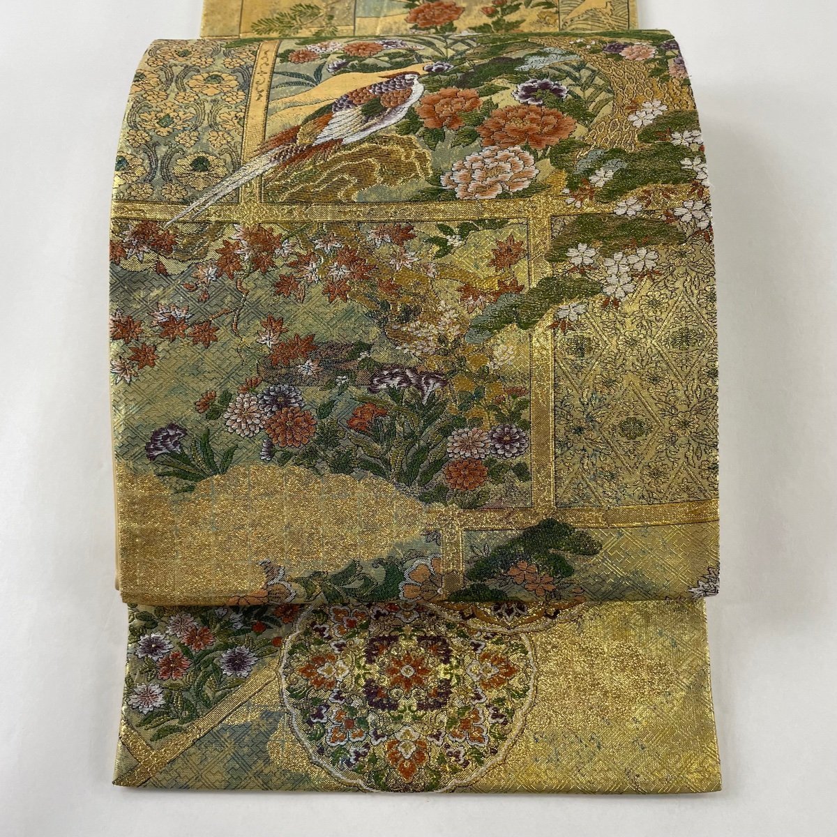 袋帯 美品 名品 全通全景乃図 違い棚に花鳥文 箔 金色 全通 正絹