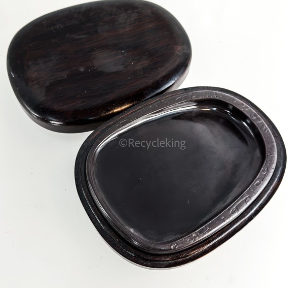 中國 端渓 楕円双龍刻硯 黒檀硯箱入 中国 古硯 唐硯 書道家書蔵品 文房四宝 書道具 すずり 20230910-14