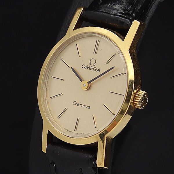 1円 稼働 良品 オメガ 手巻き ジュネーブ ゴールド文字盤 オーバル レディース腕時計 NBY0727 2385000NKG