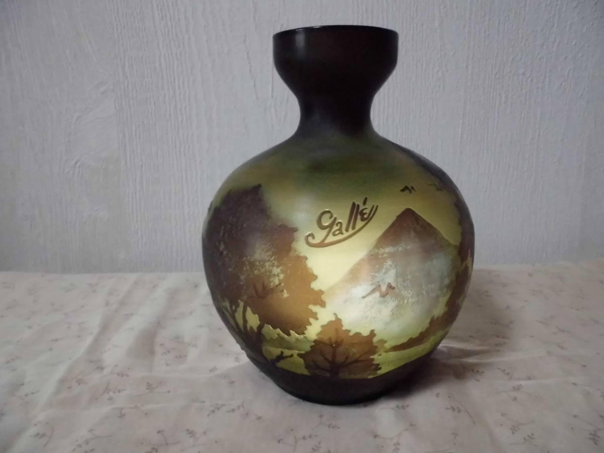 Emile Galle エミール・ガレ 山水風景文花器・高さ19cm・木箱付