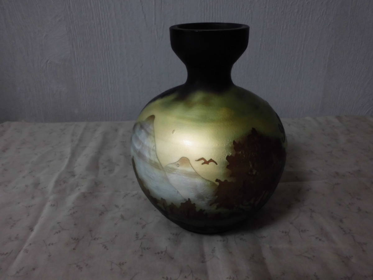 Emile Galle エミール・ガレ 山水風景文花器・高さ19cm・木箱付