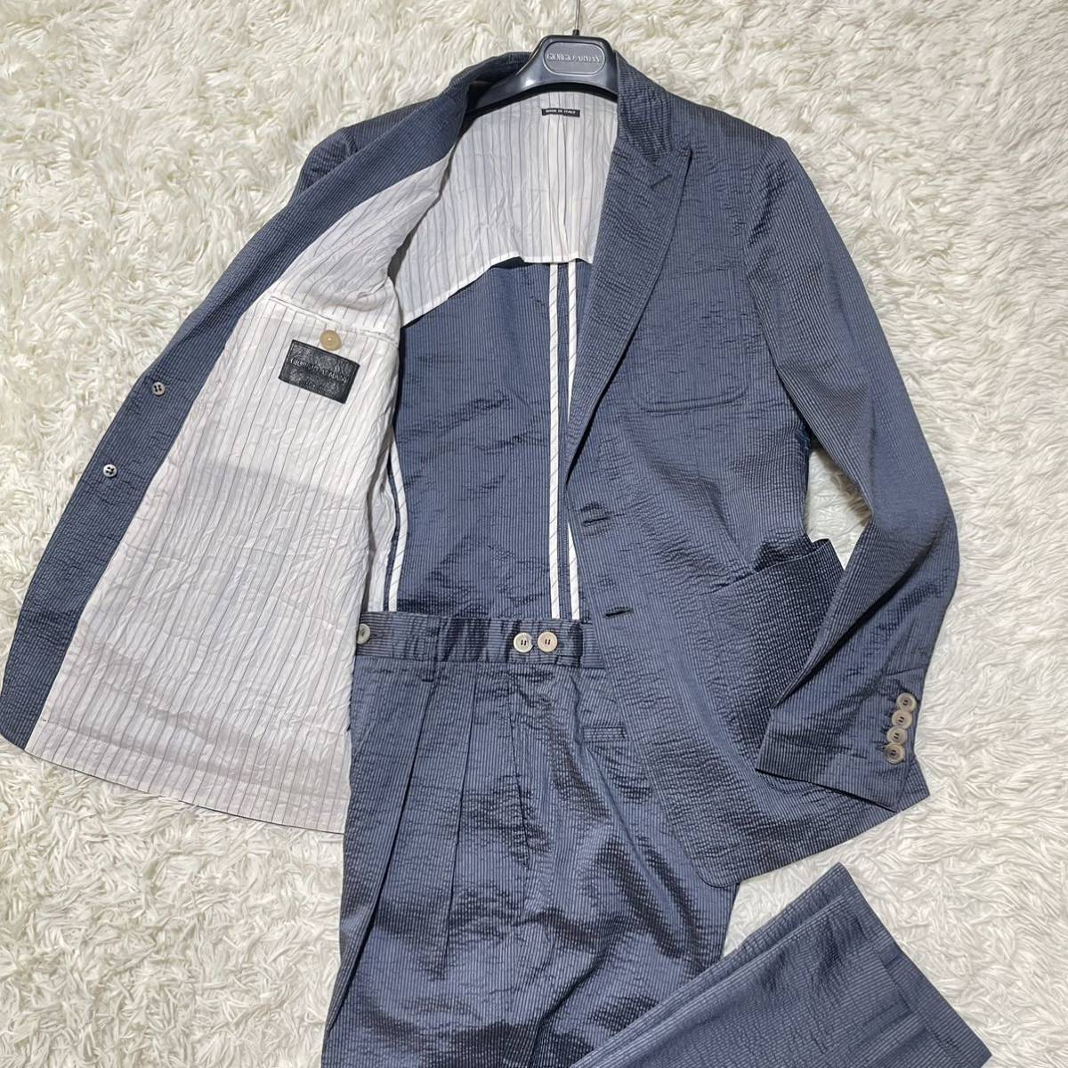 ジョルジオアルマーニ【最高級レザータグ】スーツ セットアップ ブレザー GIORGIO ARMANI ジャケット&パンツ 光沢あり ブルー系 L相当