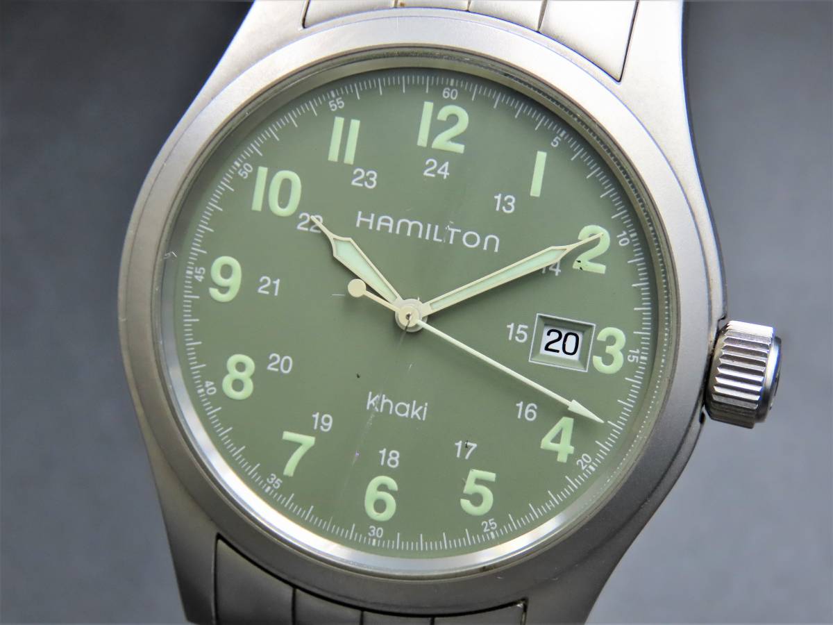 1円～! 稼動品★正規品 HAMILTON ハミルトン 000092 カーキ クォーツ デイト 純正ブレス ヴィンテージ メンズ腕時計 TTKLG2219