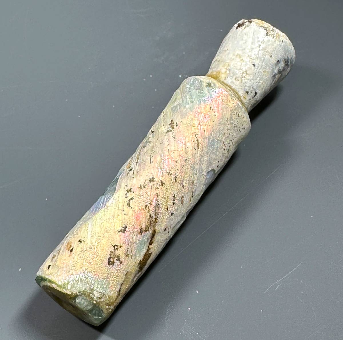 即決★虹銀化 金化★ローマンガラス 薬瓶/紀元1世紀 完全品//考古学 発掘品 出土品 神話/古代ローマ シリア 古代美術 玉虫色 パティナ/669 1909古代ローマングラス半透明エメラルドブルー虹色銀化碗(口径約