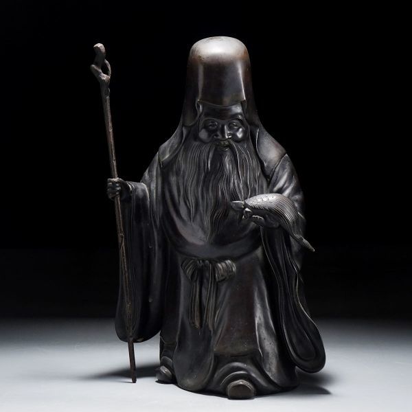 W288. 時代金工美術 古銅 亀持寿老人 置物 高さ40cm / 古美術彫刻美術飾り物オブジェ